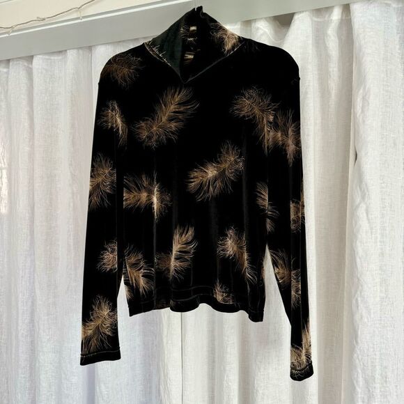 Vintage Gold Feather Print Black Turtleneck Top - Picture 1 of 5